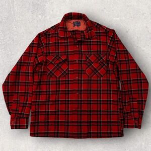 Vintage Pendleton Board Shirt Mens Medium Red Black Plaid 100% Virgin Wool Flaw